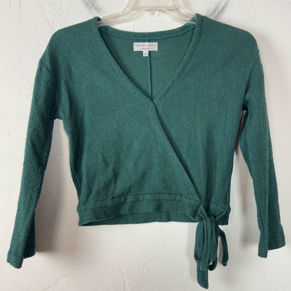 Madewell Sweater Pullover Knit Top Shirt Solid Dark‎ Green Boucle Wrap Tie Side